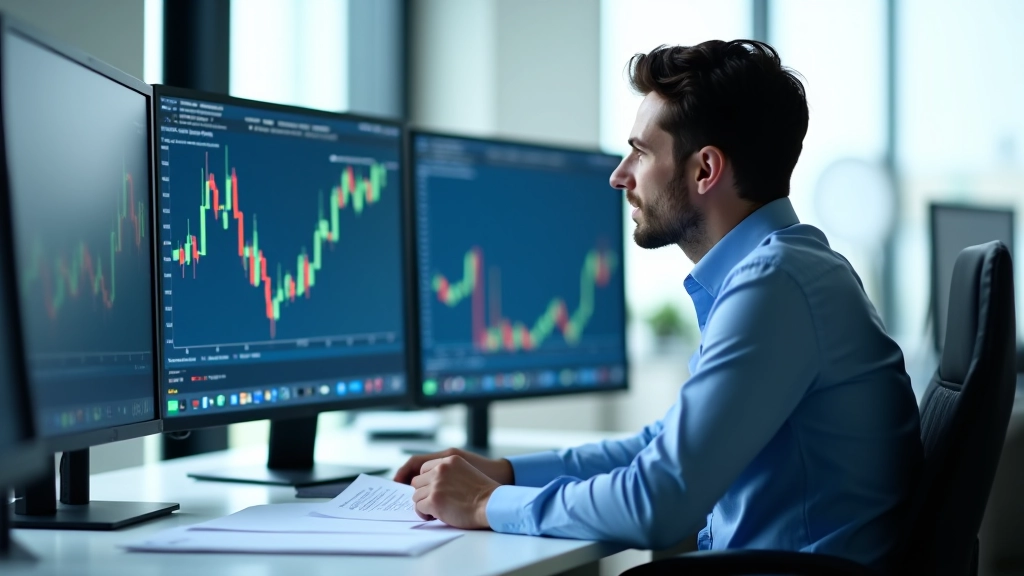 Analyste financier examinant des données et graphiques économiques sur un espace de travail professionnel