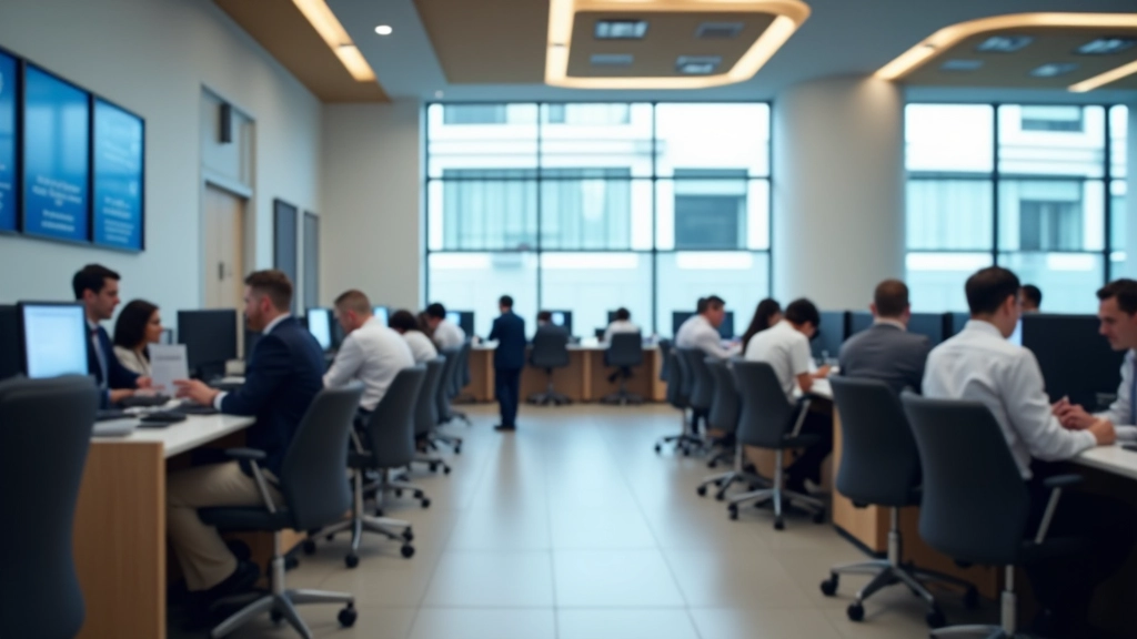 Vue d'une banque française avec des conseillers accueillant des clients dans un environnement professionnel et moderne