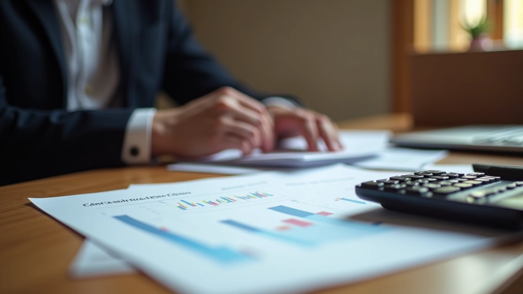 Économiste travaillant à un bureau avec documents de politique monétaire, graphiques d'inflation et calculatrice financière