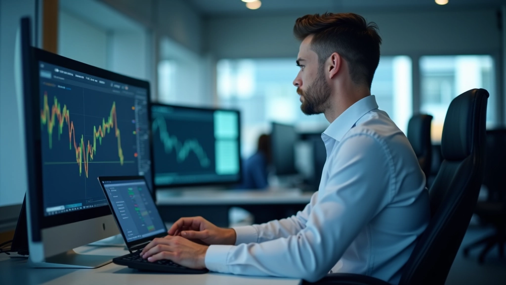 Analyste financier examinant des données de marché sur plusieurs écrans dans un bureau moderne