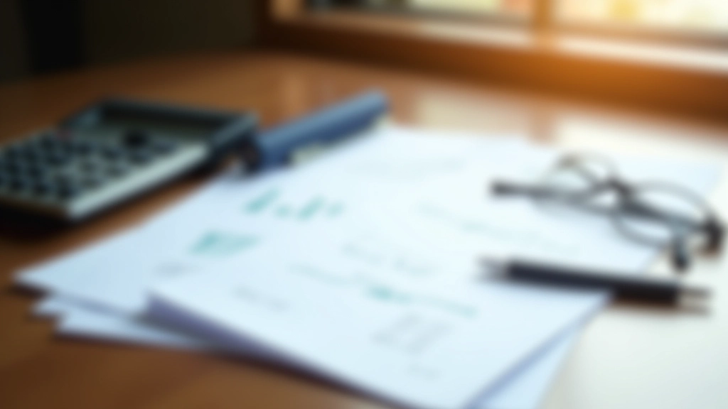 Documents financiers et calculatrice sur un bureau en bois, stylo et lunettes de lecture