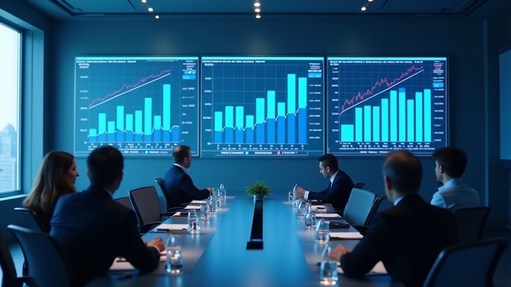 Salle de conférence moderne avec graphiques économiques affichés sur écrans muraux