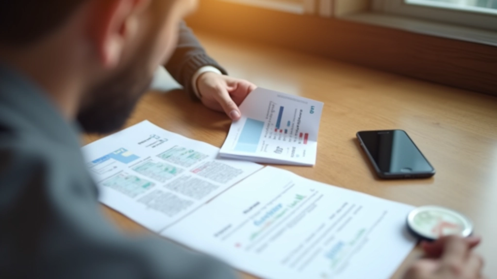 Personne consultant son téléphone et documents d'épargne avec taux d'intérêt affichés sur table en bois